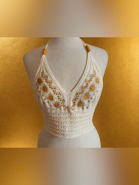 ROMWE Cream Crochet Halter Top with Gold Embroidery